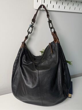 HOBO International Black Leather Hobo Bag with Brown Strap